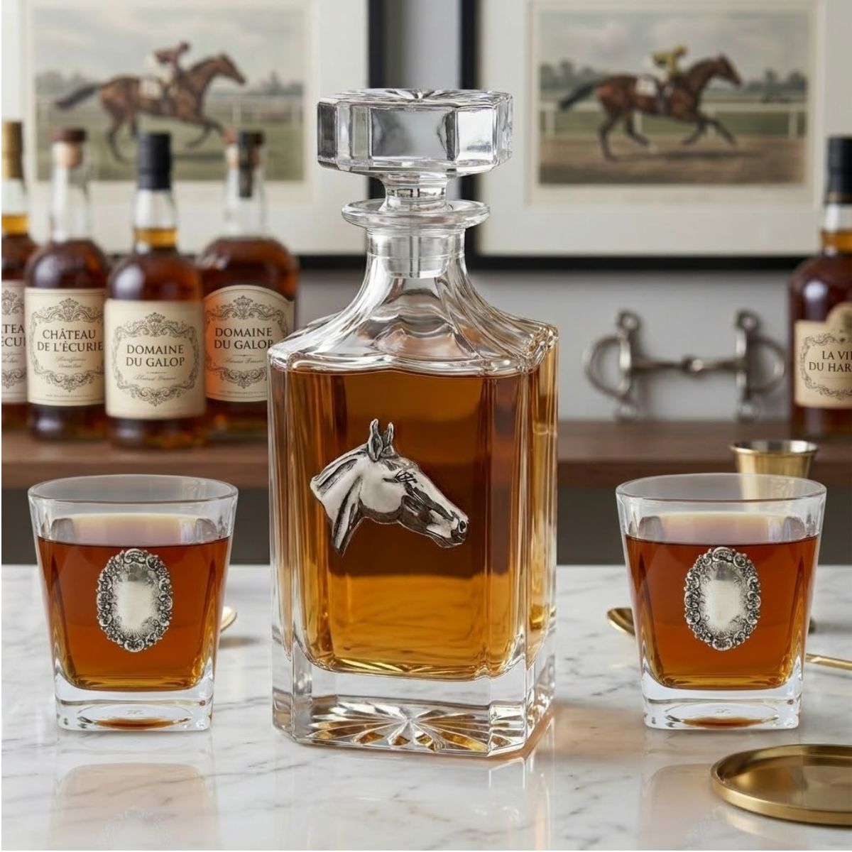 Decanter Set with Silver Horse Head and Two Bourbon Glasses
