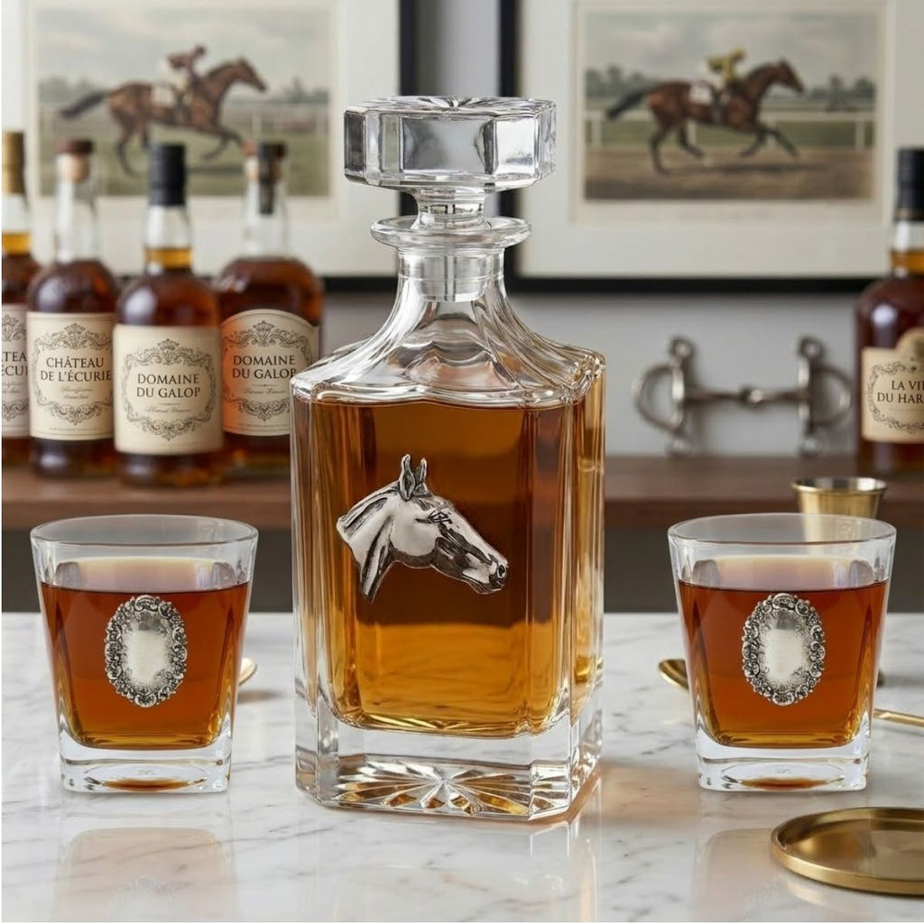 Decanter Set with Silver Horse Head and Two Bourbon Glasses