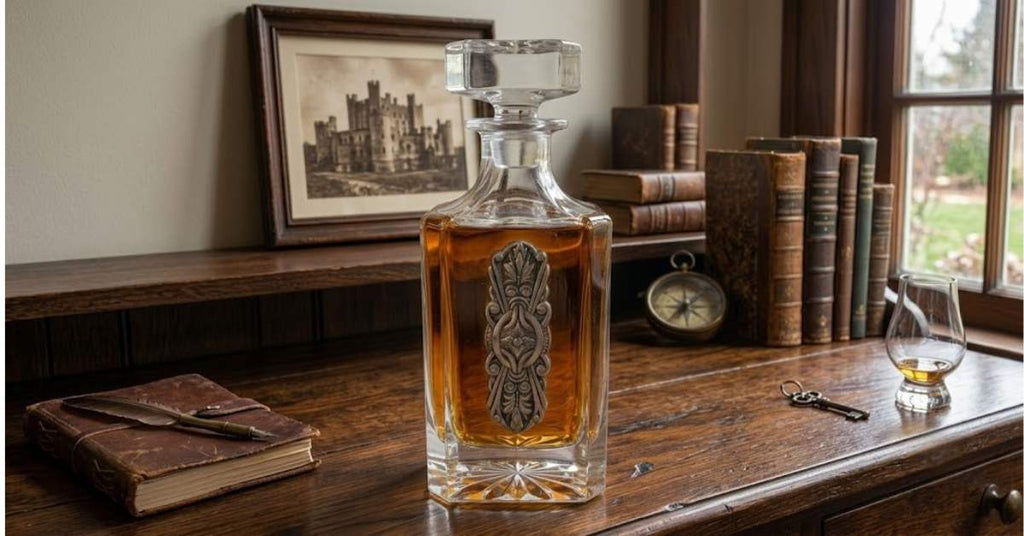 A clear glass decanter with a stopper and ornate silver-toned front emblem, filled with amber liquid, displayed on a wooden table in a vintage room with books, a framed print, and a small glass of the same liquid.