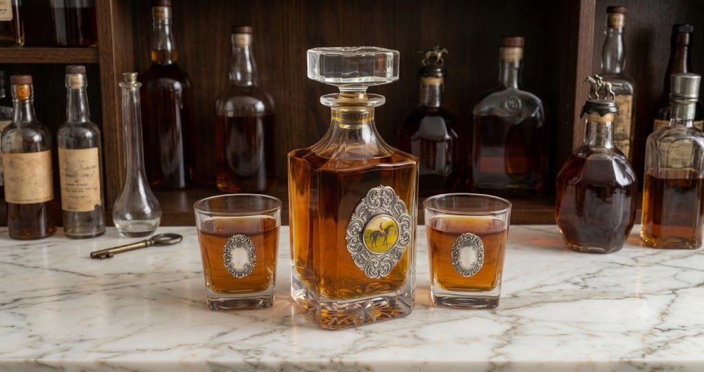 The horserace decanter set  includes a large decanter embellished with a silver medallion and a large art image of a vintage racehorse.  The Bourbon glasses are also embellished with silver medallions.