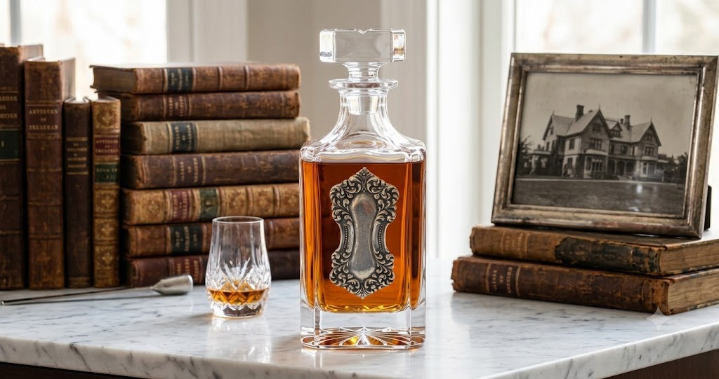 Crystal Decanter with Large Vintage art deco silver medallion.   This is a great gift for the bourbon lover and antique lover.   It is also the perfect gift to celebrate the 15th anniversary which is the crystal anniversary.