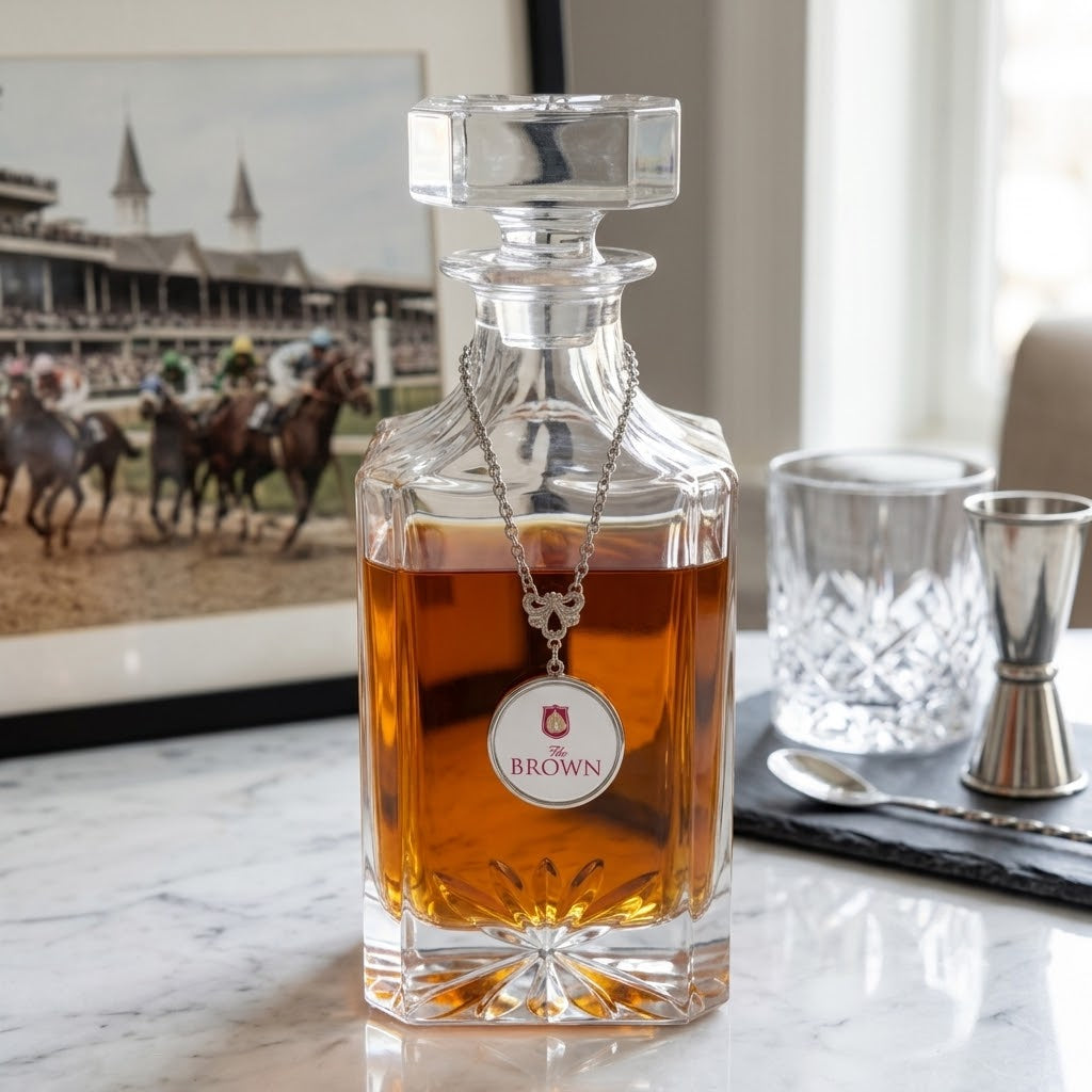 Custom decanter with a silver chain and marker featuring your logo or art.  This is a great gift for a hotel, museum, or corporation.
