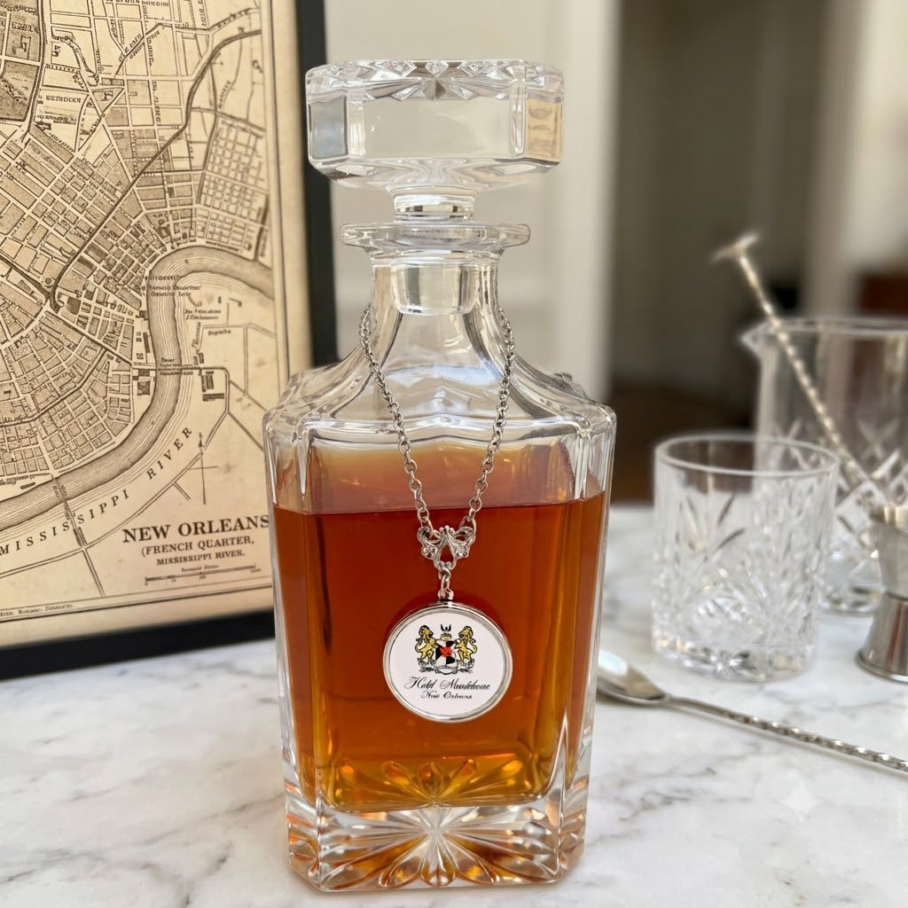 Custom decanter with a silver chain and marker featuring your logo or art.  This is a great gift for a hotel, museum, or corporation.