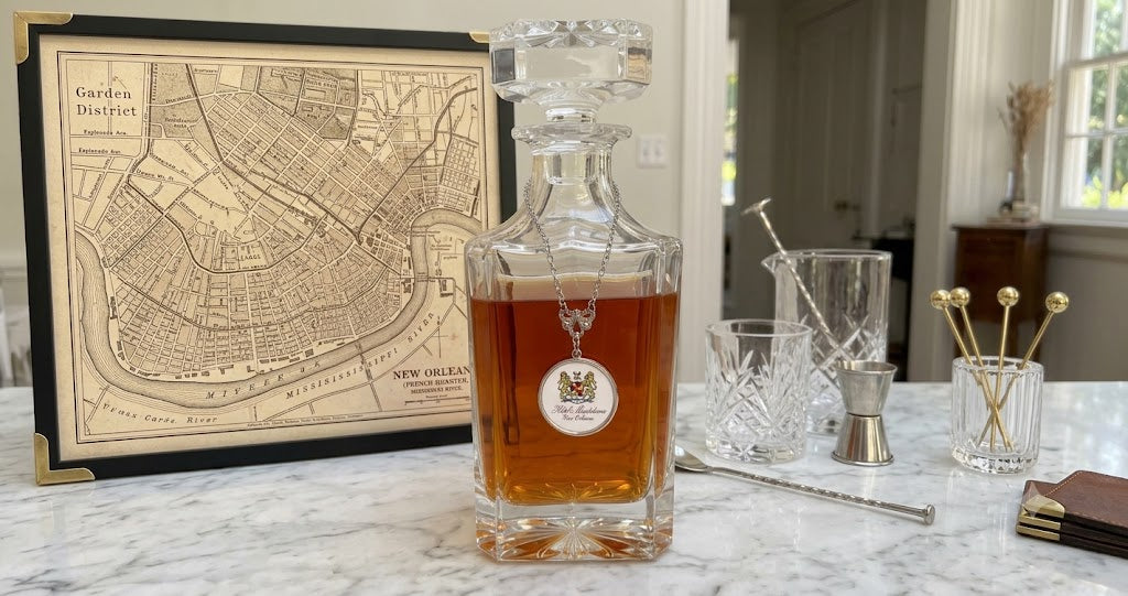 Custom decanter with a silver chain and marker featuring your logo or art.  This is a great gift for a hotel, museum, or corporation.