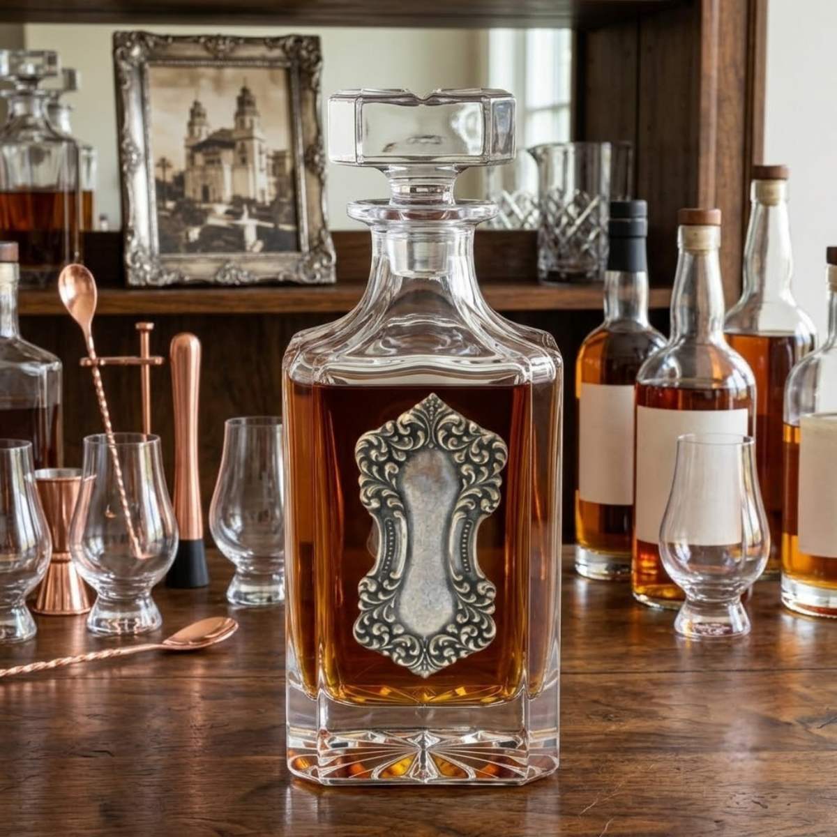 Crystal Decanter with Large Vintage art deco silver medallion.   This is a great gift for the bourbon lover and antique lover.   It is also the perfect gift to celebrate the 15th anniversary which is the crystal anniversary.