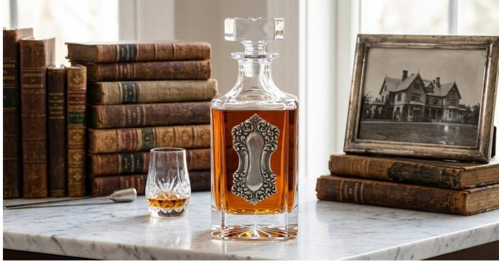 Crystal Decanter with Large Vintage art deco silver medallion.   This is a great gift for the bourbon lover and antique lover.   It is also the perfect gift to celebrate the 15th anniversary which is the crystal anniversary.
