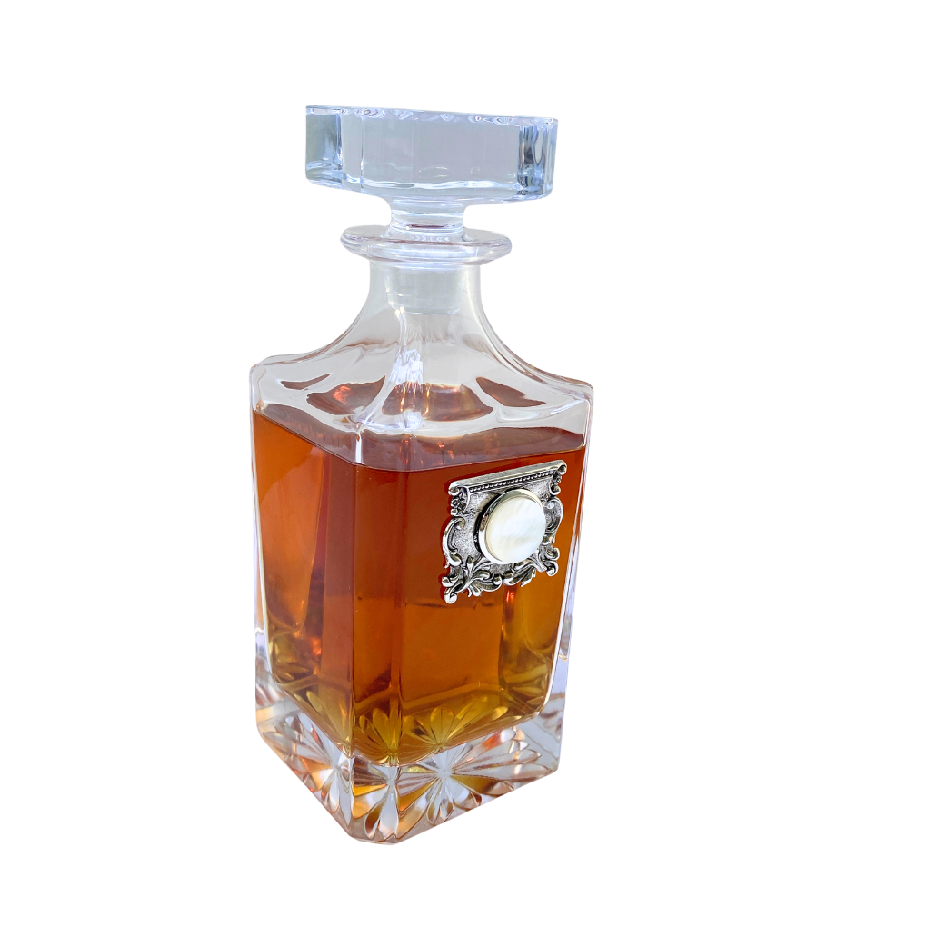 Decanter with Silver Setting and Mother of Pearl side view