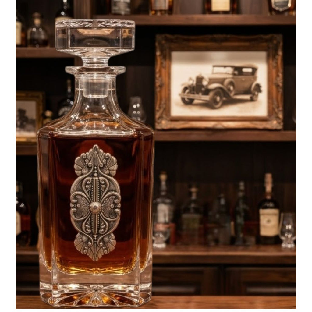 Discover our decanter with a large vintage inspired silver medallion.   This is a great gift for an antique lover or collector of vintage finds.