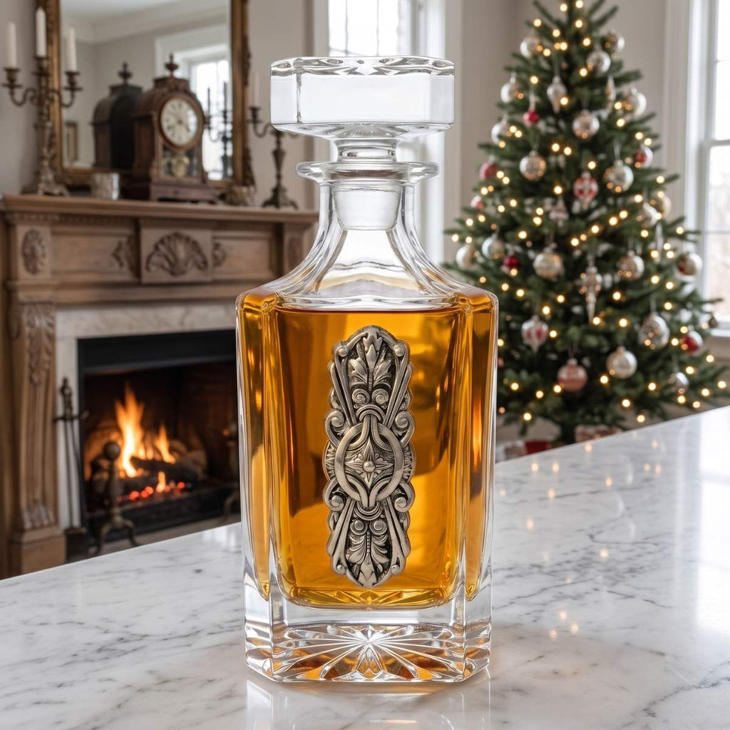 A clear glass decanter filled with amber liquid, featuring an ornate silver metal emblem on the front, set on a marble countertop with a lit fireplace and a decorated Christmas tree in the background.