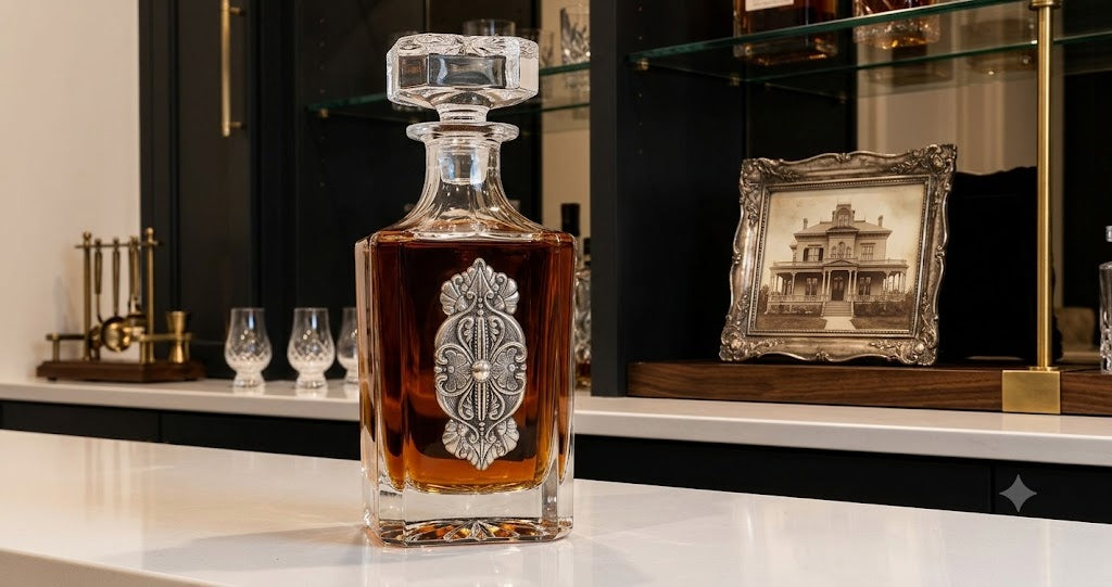 Discover our decanter with a large vintage-inspired silver medallion.   This is a great gift for an antique lover or collector of vintage finds.