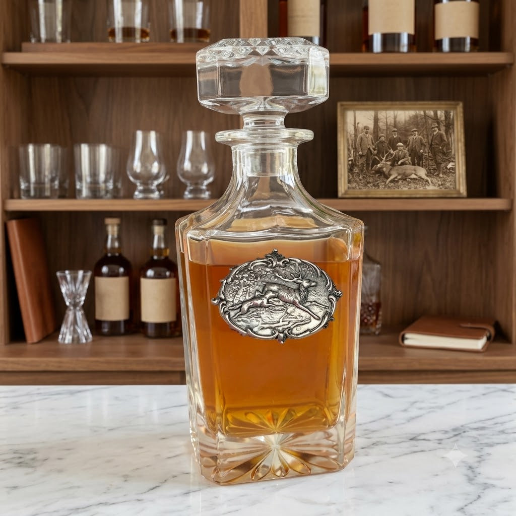 Decanter with Large Silver Deer and Hound medallion.  This is a great gift for the deer hunter and bourbon lover.