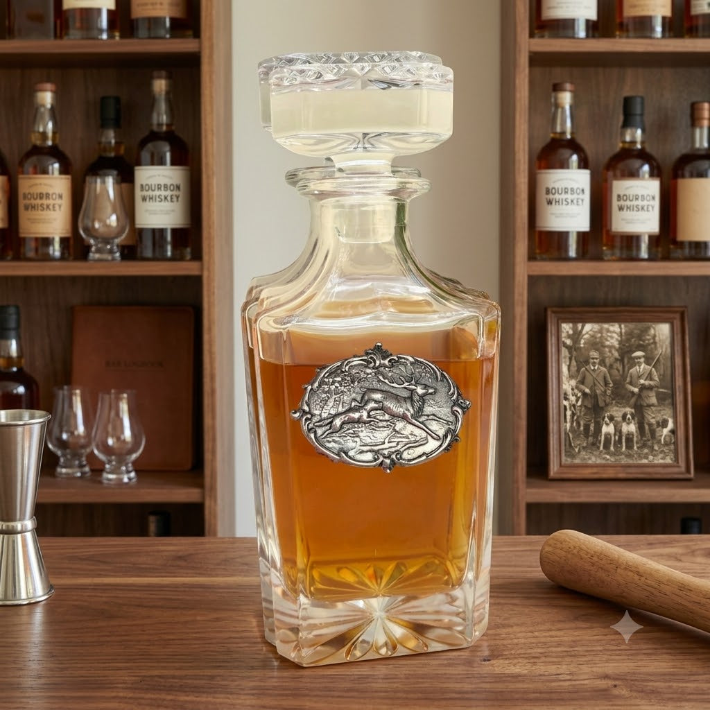 Decanter with Large Silver Deer and Hound medallion.  This is a great gift for the deer hunter and bourbon lover.