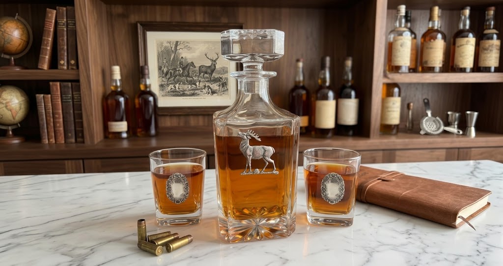The Classic Legacy deer stag decanter set is embellished with a large stag deer on the decanter and silver medallions on the two bourbon glasses.  It is handcrafted and a great gift for the deer hunter.