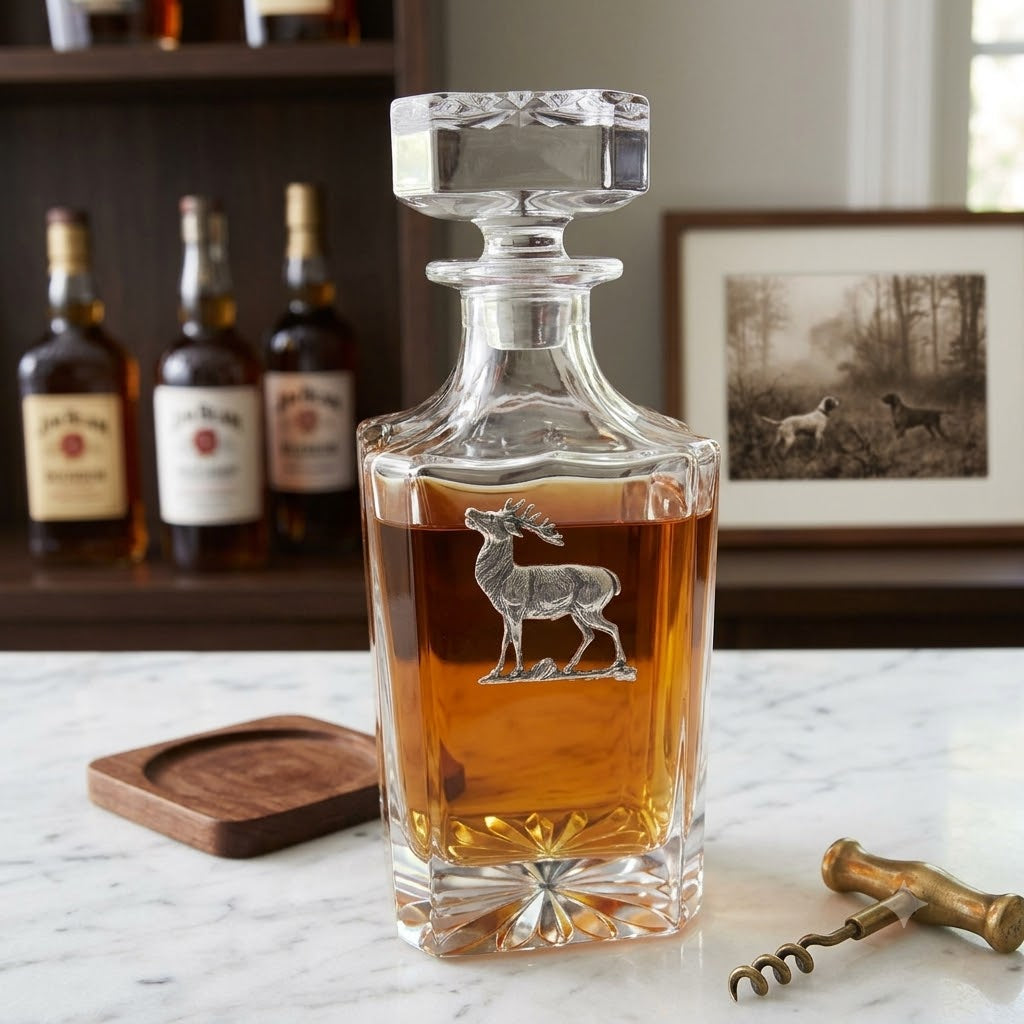 Decanter featuring silver deer stag medallion.   Great gift for deer hunter and bourbon fan.