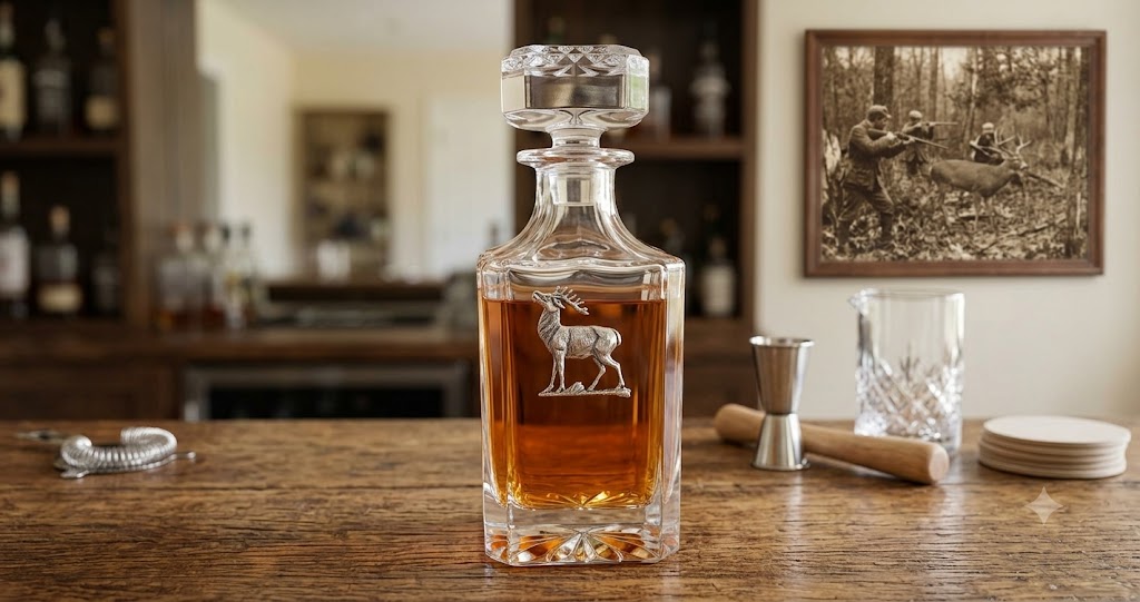 Decanter featuring silver deer stag medallion.   Great gift for deer hunter and bourbon fan.