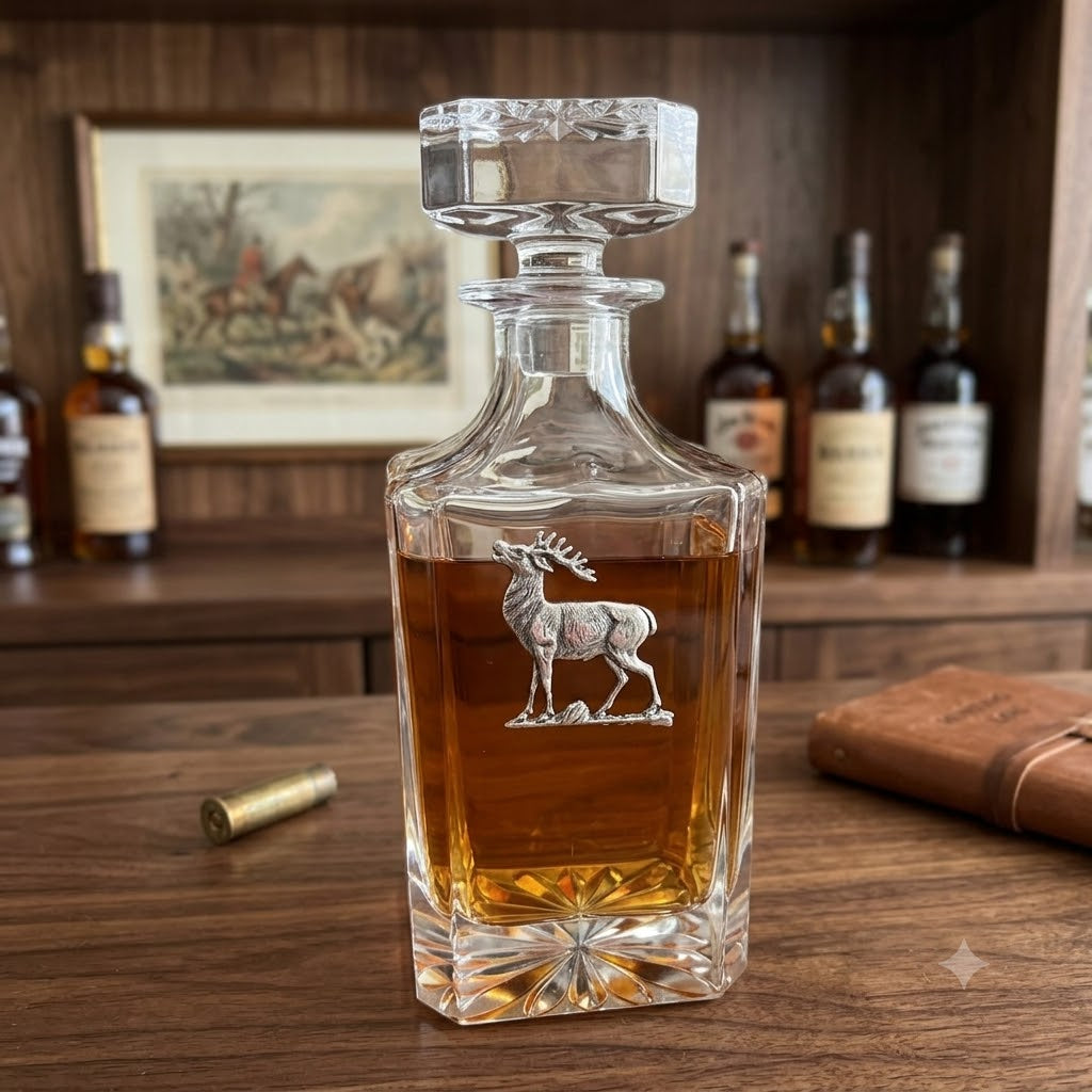 Decanter featuring silver deer stag medallion.   Great gift for deer hunter and bourbon fan.