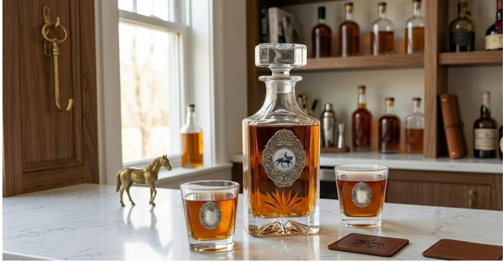 Our Classic Legacy dressage decanter set includes a large decanter embellished with a large oval silver medallion with an art image of a decanter horse and rider.   The two bourbon glasses are embellished with silver medallions as well.  Each is handcrafted.