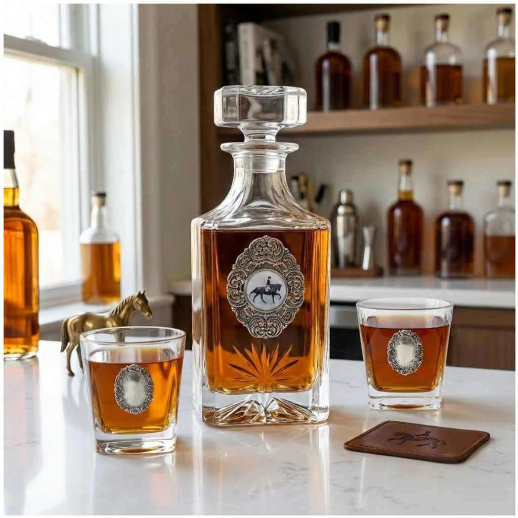 Our Classic Legacy dressage decanter set includes a large decanter embellished with a large oval silver medallion with an art image of a decanter horse and rider.   The two bourbon glasses are embellished with silver medallions as well.  Each is handcrafted.