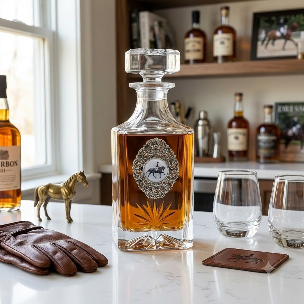 Dressage Decanter in home bar setting.  Gift for dressage fan and horse lover.  It is sitting on a white marble counter.