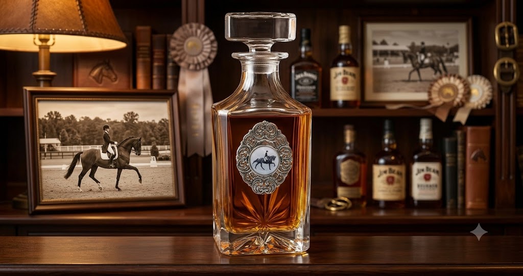 Dressage Decanter in home bar setting.  Gift for dressage fan and horse lover.