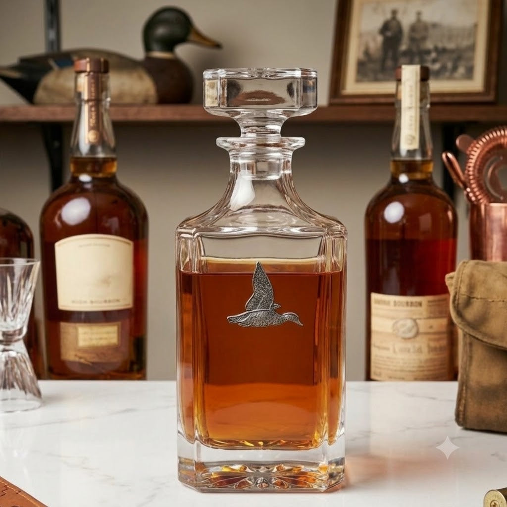 This duck decanter features a large silver duck medallion on the crystal clear decanter.   It is a great gift for a duck hunter or duck lover and bourbon fan.  