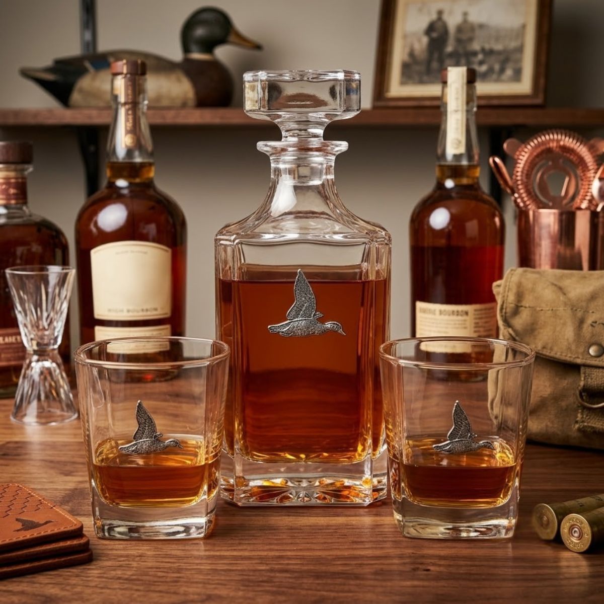 The duck decanter and bourbon glasses make a great decanter gift set.  This is a great gift for the duck hunter and duck enthusiast. 

