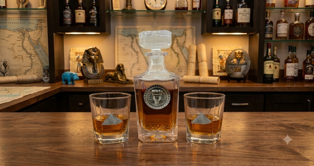 Decanter set with Egyptian theme featuring bourbon glasses with silver pyramids and the decanter featuring a Egyptian God. on wooden home bar counter