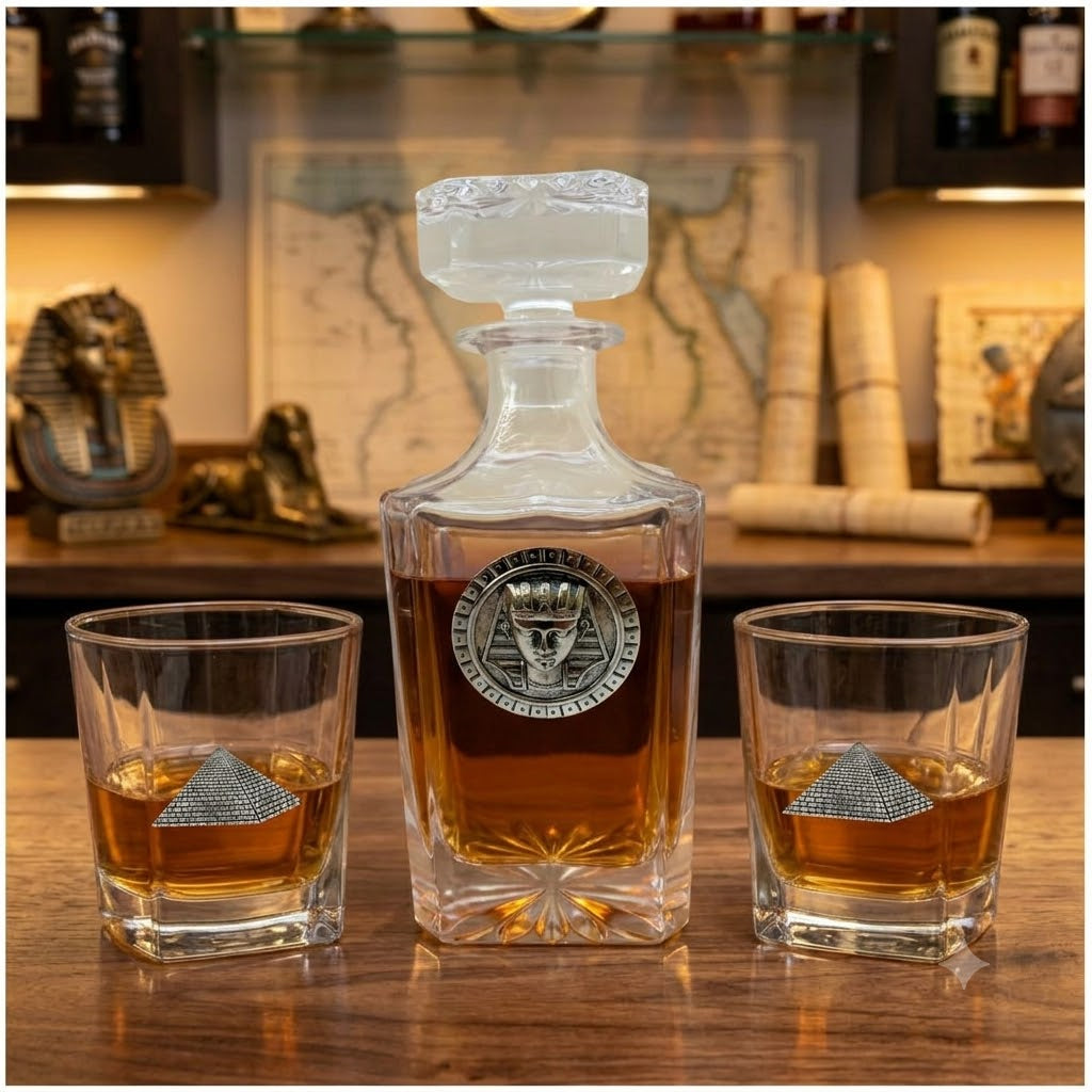Decanter set with Egyptian theme featuring bourbon glasses with silver pyramids and the decanter featuring a Egyptian God. Gift for Museum of Egyptian studies