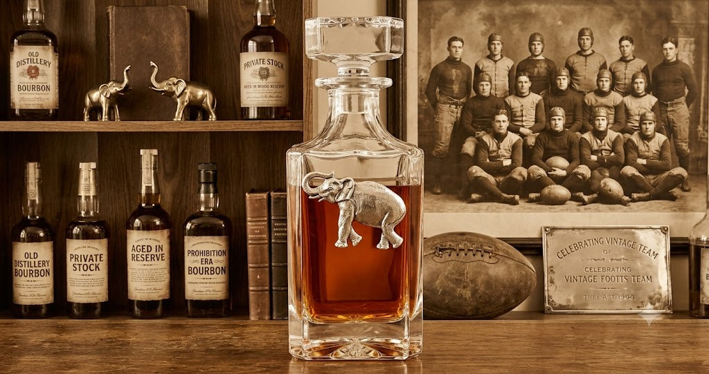 Elephant Decanter with Silver Elephant.  Gift for elephant lover and bourbon fan.  This is a great gift for a Bama football fan.