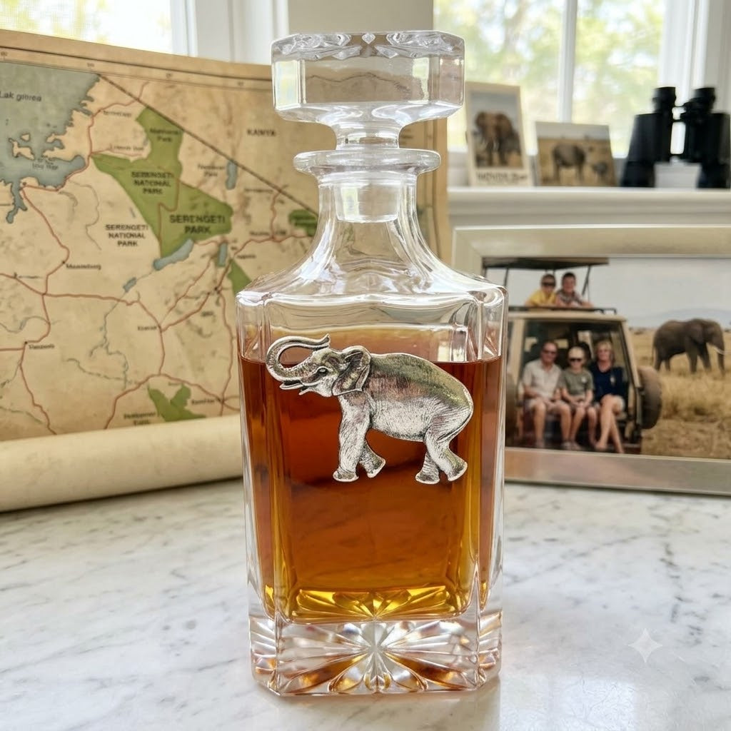 Elephant Decanter with Silver Elephant.  Gift for elephant lover and bourbon fan.  This is shown on a white marble counter and the family has just returned from a safari.
