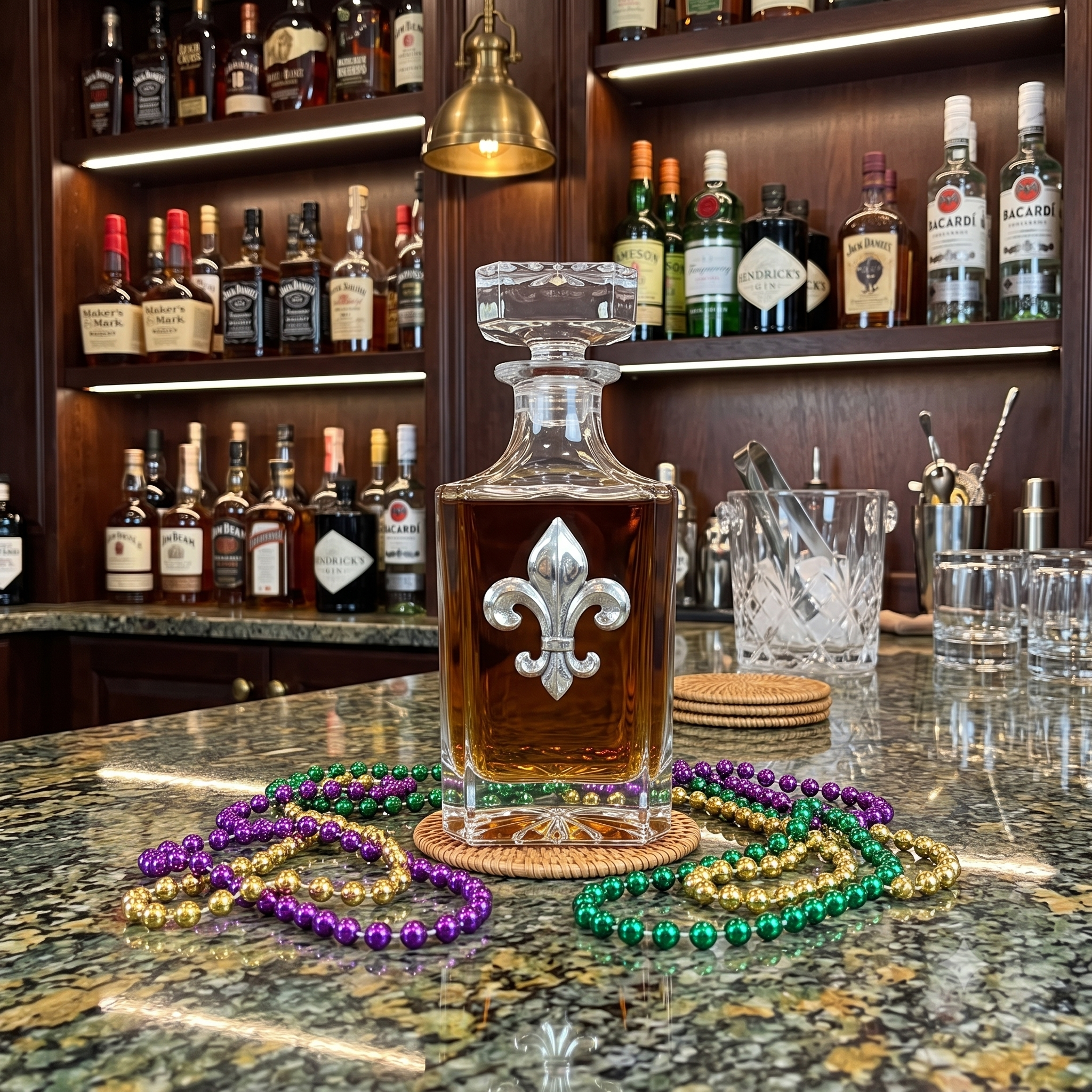 Fleur de lis decanter in home bar of someone who lives in New Orleans