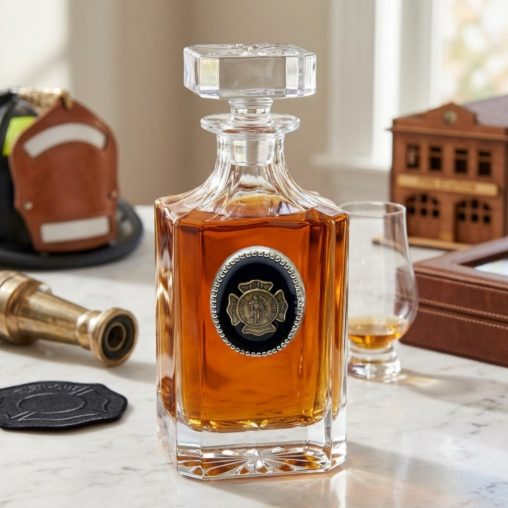 Firefighter decanter with large silver medallion with black enamel and the antique gold St. Florian medallion.   This is a great gift for a firefighter and a bourbon lover. 