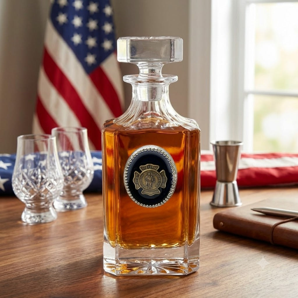 Firefighter decanter with large silver medallion with black enamel and the antique gold St. Florian medallion.   This is a great gift for a firefighter and a bourbon lover. 