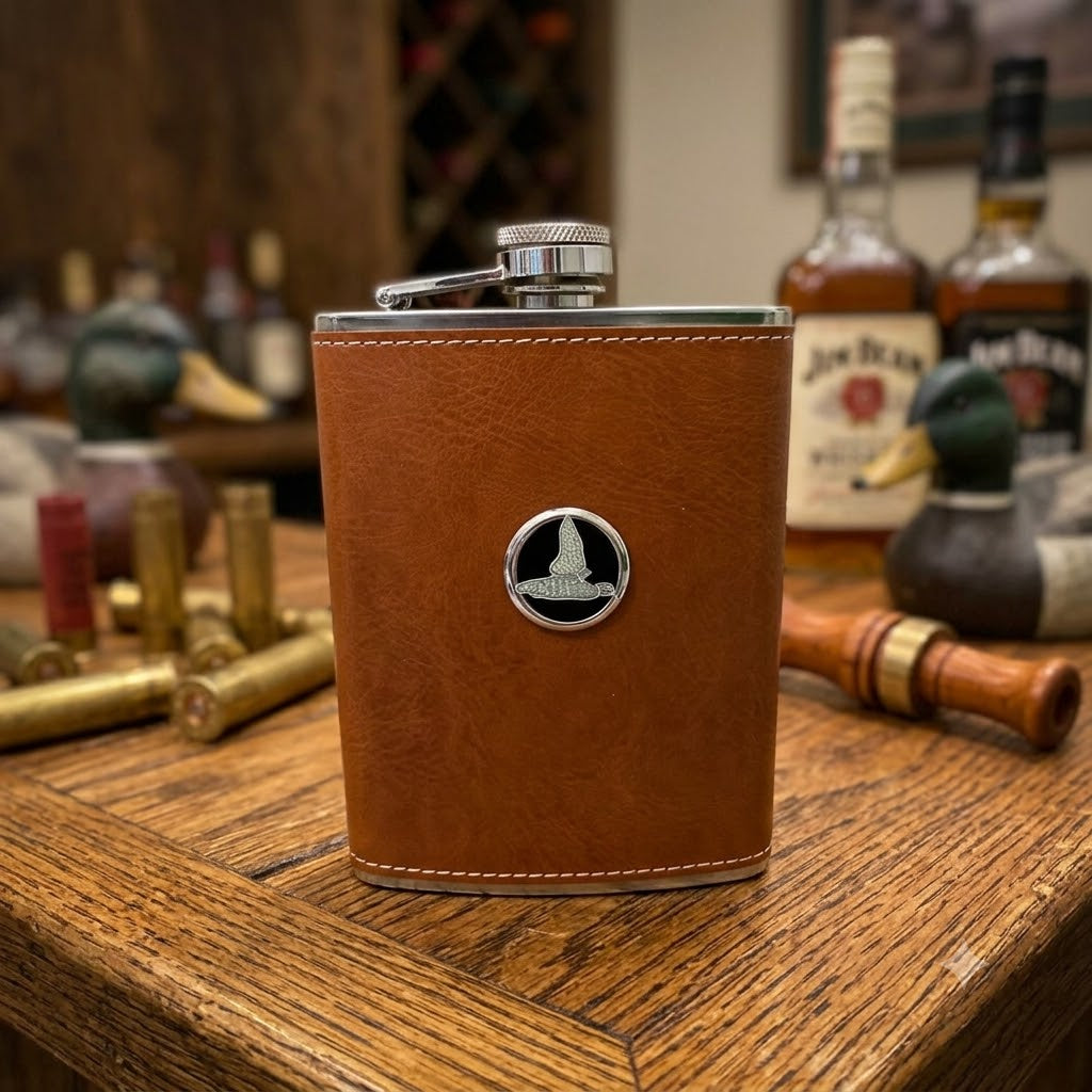 This leather flask features a silver medallion with black enamel and a silver duck.  This is a great gift for a duck hunter and duck lover.