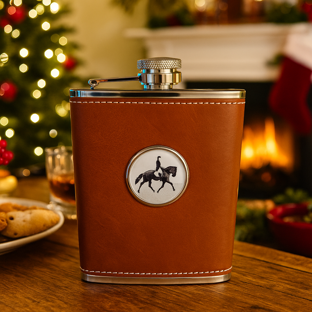 Brown leather flask with horse and rider emblem on a wooden table with Christmas decorations in the background.   Great Christmas gift for dressage rider