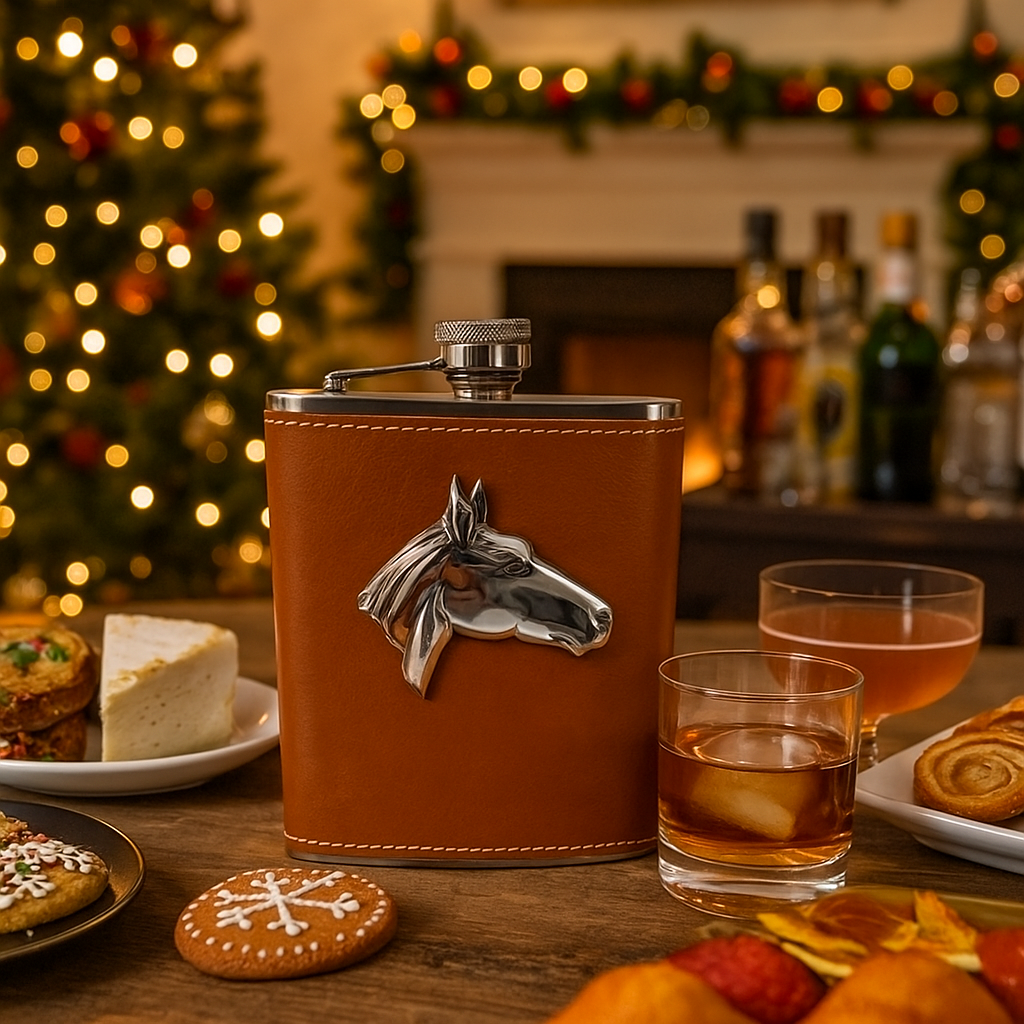 Brown leather flask with horse head emblem on a festive table with food and drinks.