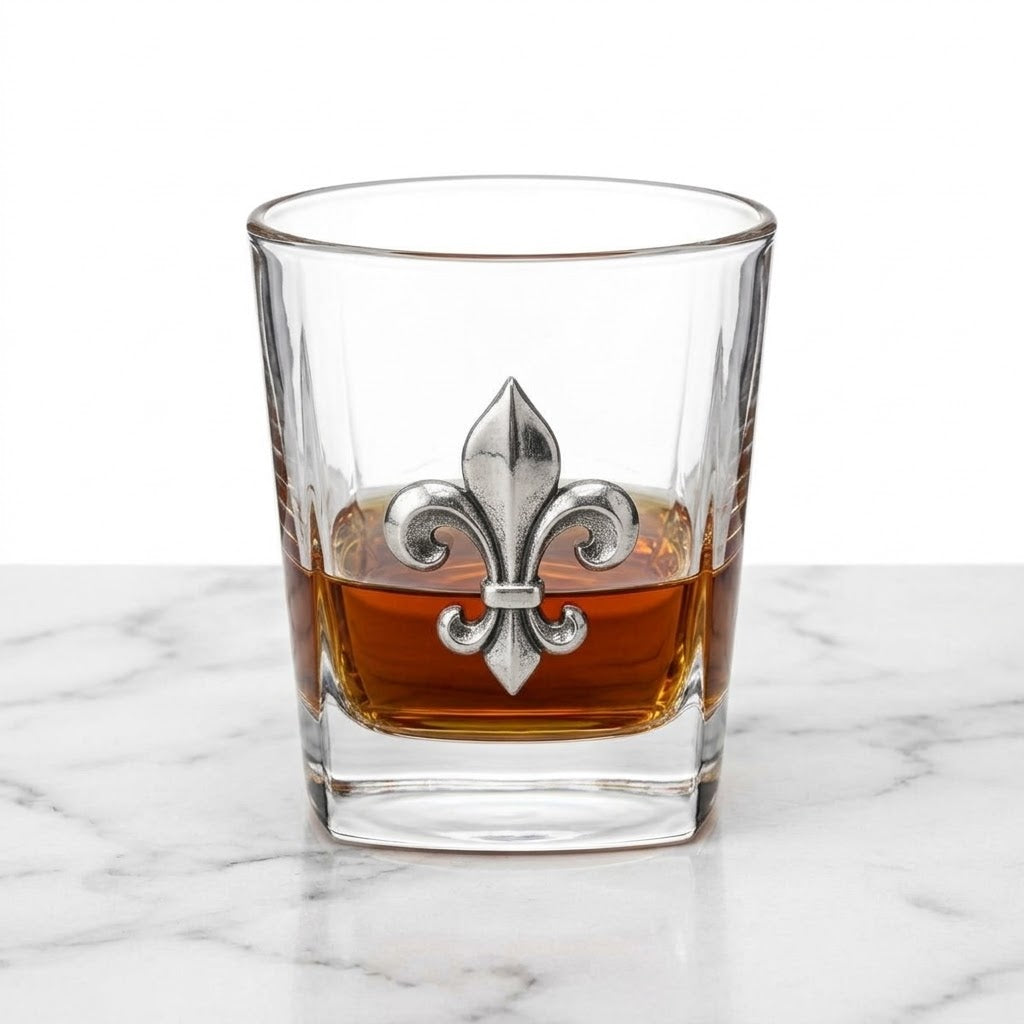 A clear glass tumbler with a silver fleur-de-lis emblem, partially filled with amber liquor, set on a white marble surface against a white background.