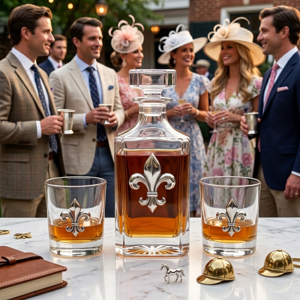 A clear glass decanter and two matching rocks glasses with silver fleur-de-lis emblems, filled with amber liquor, displayed on a marble table in front of a group of elegantly dressed people at an outdoor social event.