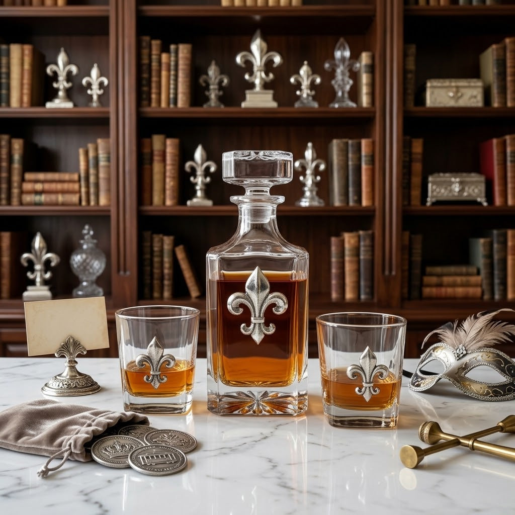 A luxury decanter and two matching coupe glasses with silver fleur-de-lis accents, filled with amber liquor, arranged on a white marble table in front of a dark wood bookshelf.