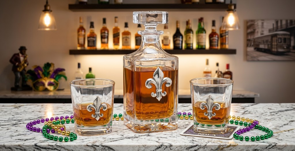 A fleur de lis clear glass decanter and two matching rocks glasses with fleur-de-lis engravings, filled with amber liquor, arranged on a marble countertop with Mardi Gras beads and a blurred bar shelf background.