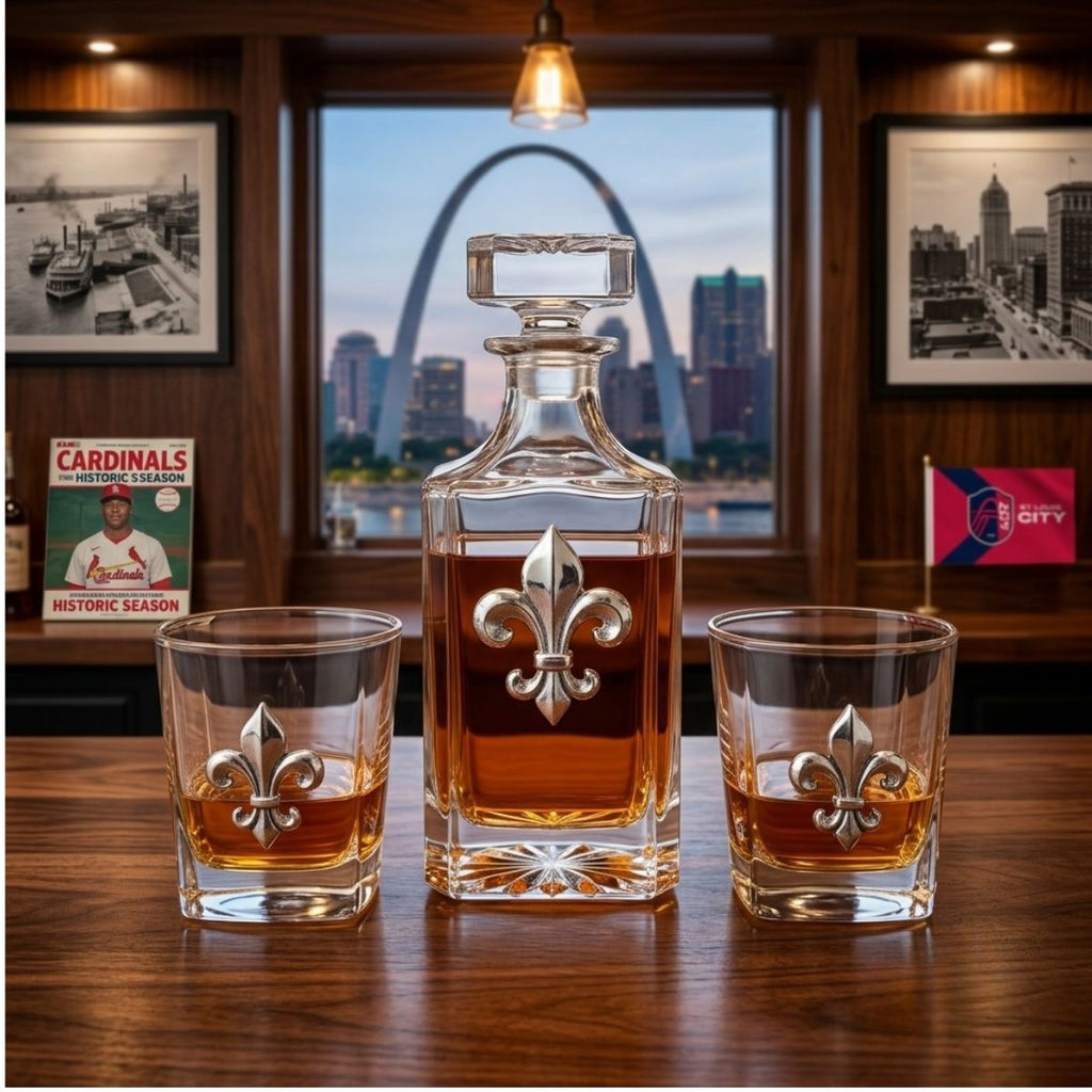 The fleur de lis decanter set is perfect for a St. Louis fan who loves fleur de lis.  The set includes a large decanter and two bourbon glasses.