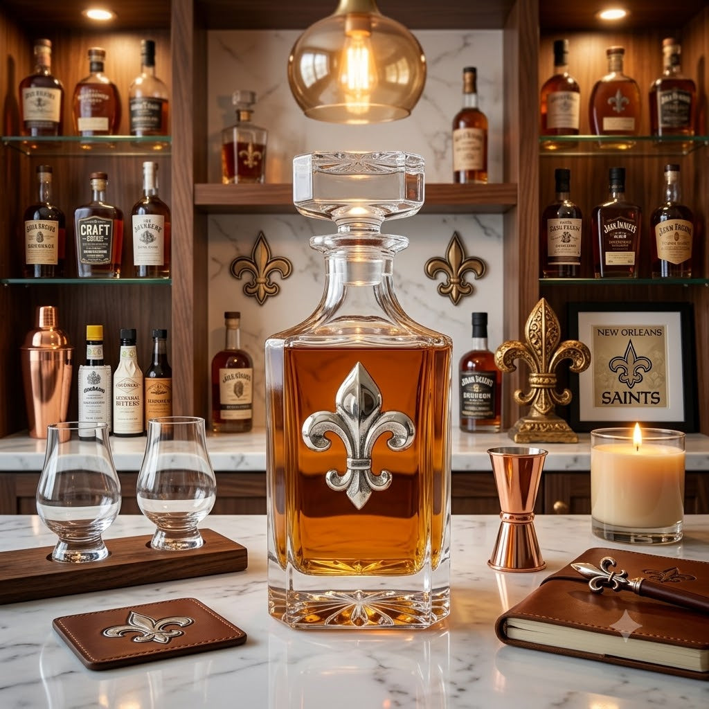A clear glass Fleur de lis decanter filled with amber liquor, centered on a marble bar counter with whiskey glasses, copper-toned accessories, lit candles, and a wooden shelving unit of bottles behind it.