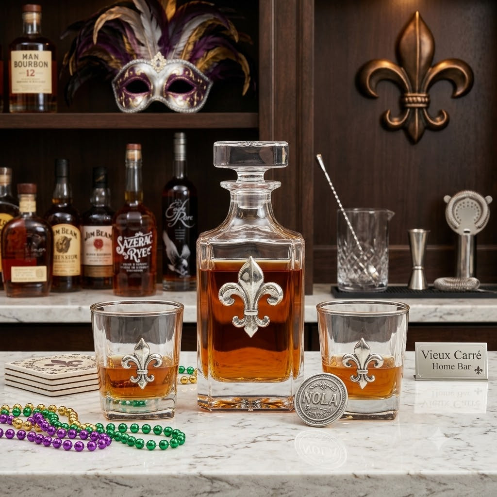 A luxury fleur de lis decanter gift set and two matching lowball glasses with fleur-de-lis engravings, styled on a marble bar counter with themed bar decor in the background.