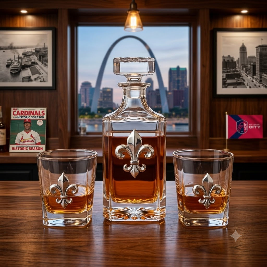 A clear fleur de lis  glass decanter and two matching lowball glasses with silver fleur-de-lis emblems, filled with amber liquor, are arranged on a wooden table in a bar-like interior with framed pictures and a city skyline window behind them.