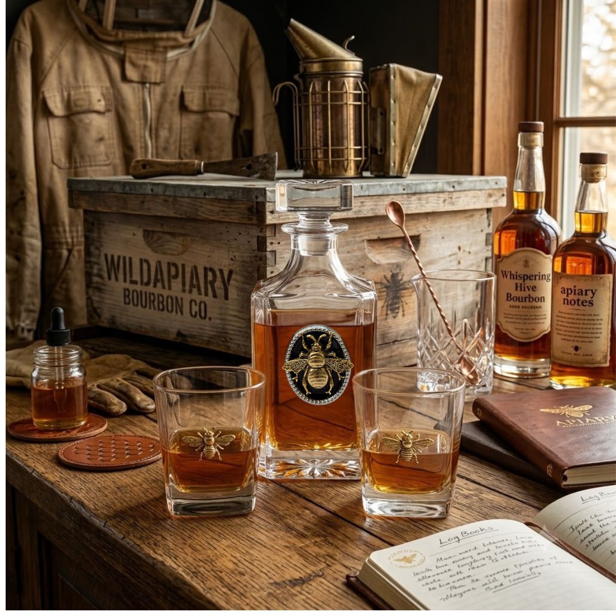 Gold bee decanter set includes decanter and two bourbon glasses.  This is a great gift for a bee lover and bourbon fan.  Shown sitting on a wooden home bar.
