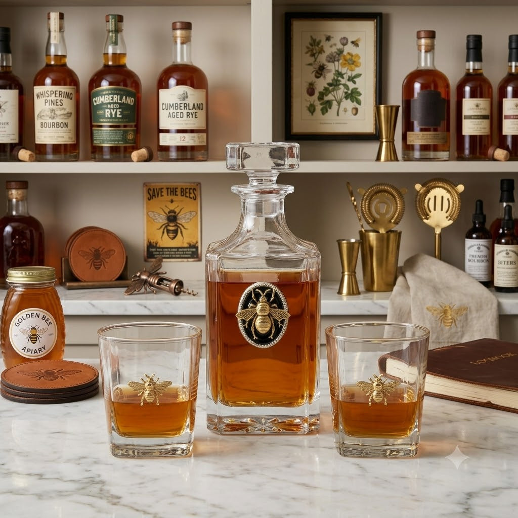Gold Bee Decanter gift set.  Perfect gift for bee love rand bourbon fan.  Shown sitting on white marble home bar. 