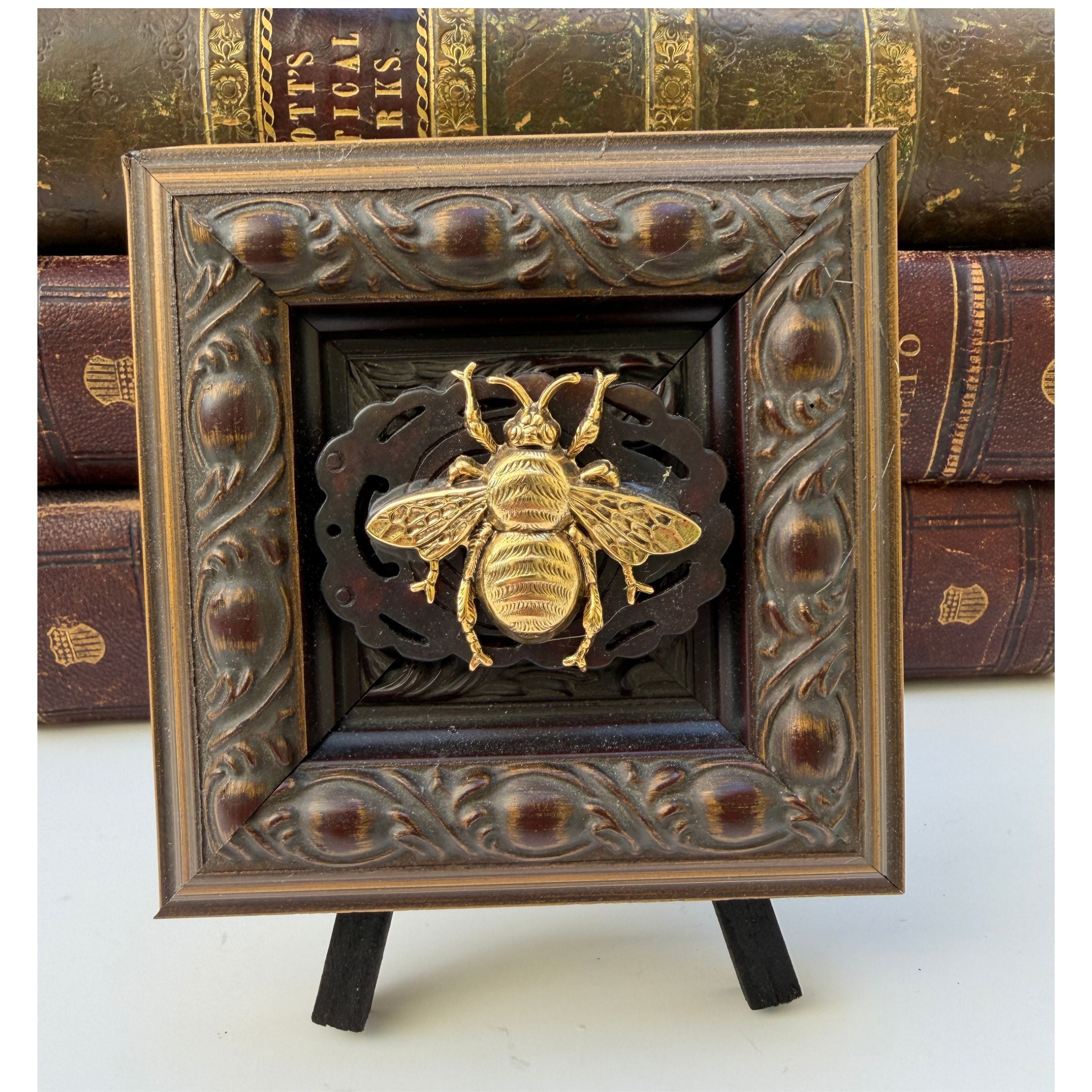 Wooden Art on a Fancy Frame with Large Gold Bee and Jade
