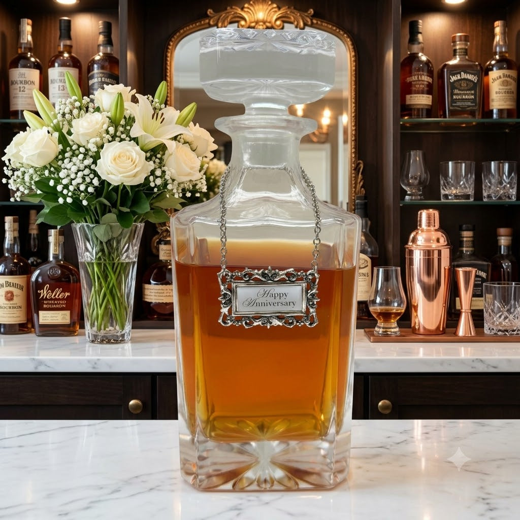 A clear glass Happy Anniversary  decanter filled with amber liquid stands on a white marble counter in a bar setting. The bottle has a decorative silver-toned chain and a framed label reading 'Happy Anniversary.