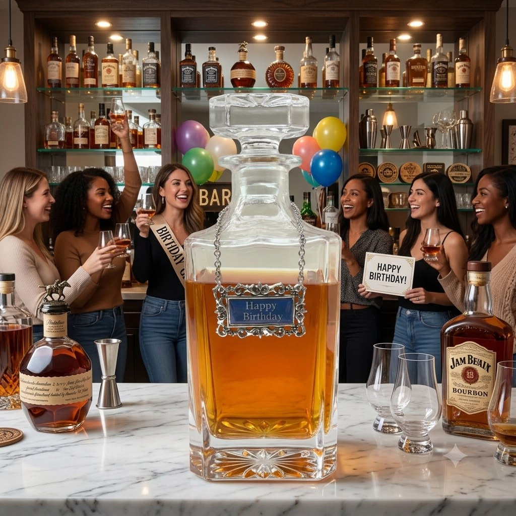 Happy Birthday Decanter | Gift for Bourbon Lover Lady's birthday in the background