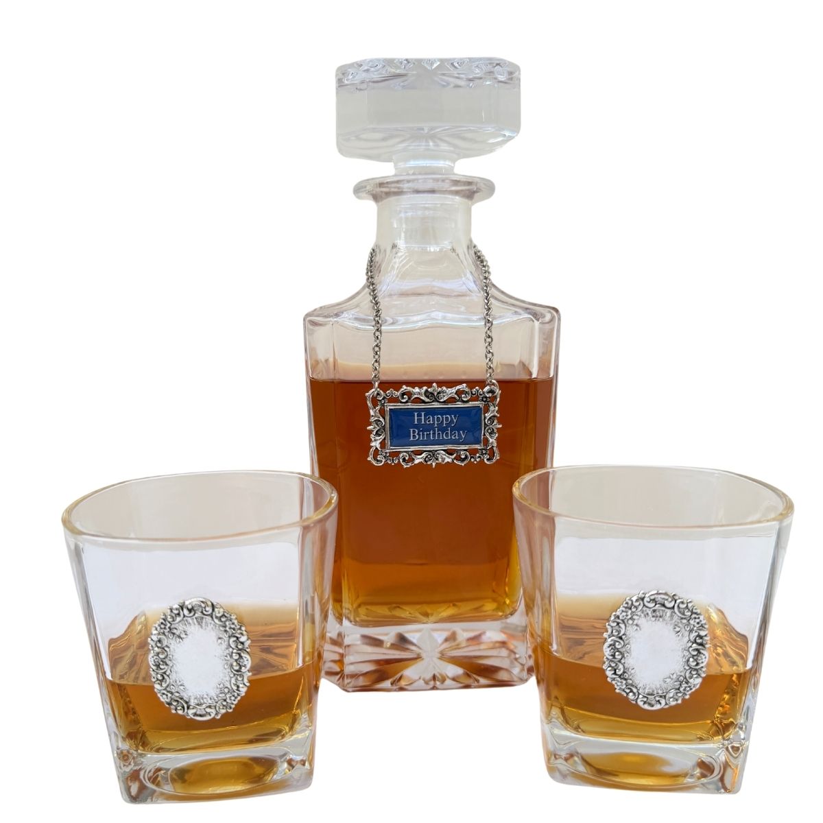 Happy Birthday Decanter Set includes the decanter, two bourbon glasses, and the Happy Birthday Decanter Label makrer